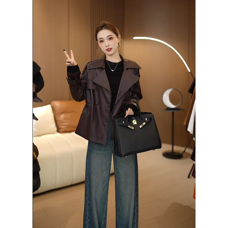 海宁真皮皮衣女 春秋时尚女士皮夹克收腰休闲翻领皮外套KFLD-509#