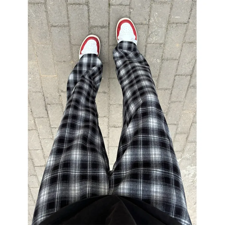 cleanfit黑白格子裤男款秋冬加绒格纹阔腿裤子松弛感慵懒直筒长裤