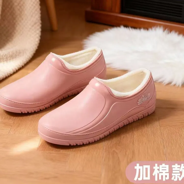 居家洗衣保暖防滑水鞋女耐磨工作保洁低帮时尚雨鞋加棉厚底浅口