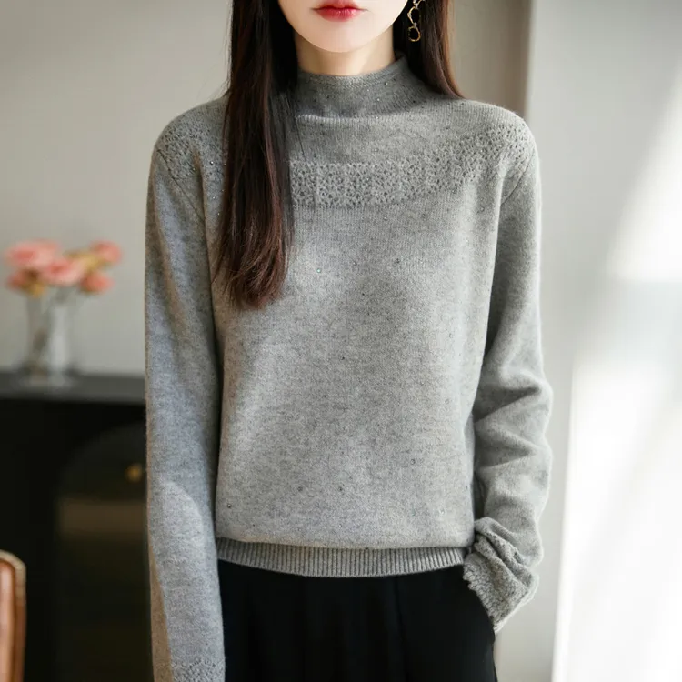 品牌女装轻熟优雅烫钻半高领毛衣冬季新款洋气百搭纯色针织衫上衣