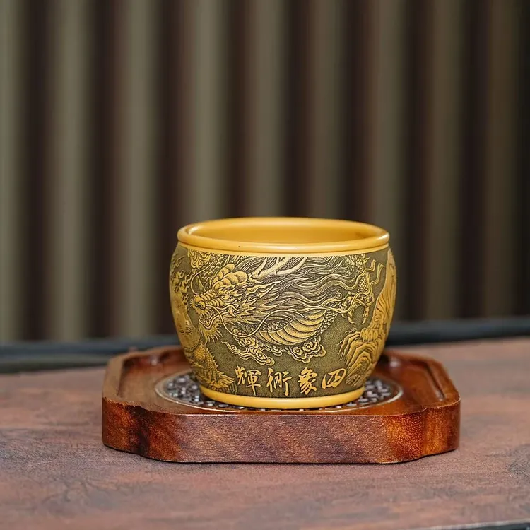 宜兴原矿紫砂葵黄朱泥全手工刻绘四象衕辉主人杯高端品茗杯