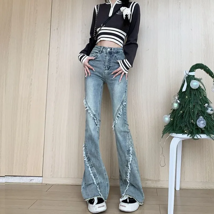 微喇牛仔裤女春秋高腰怀旧设计马蹄弹力时尚拼接修身毛边喇叭裤子