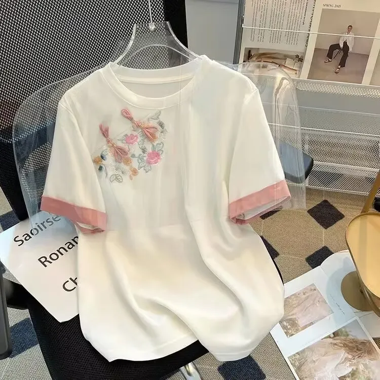 2025夏季新款小众设计感刺绣短袖T恤女宽松大码遮肉中式国风上衣