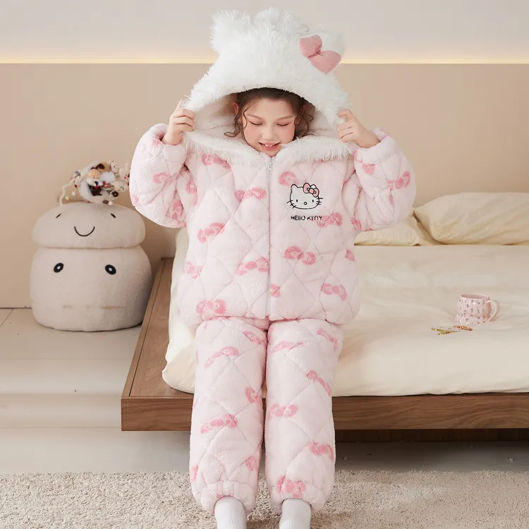 法兰绒女童冬季三层夹棉儿童睡衣加绒加厚公主女孩连帽家居服套装