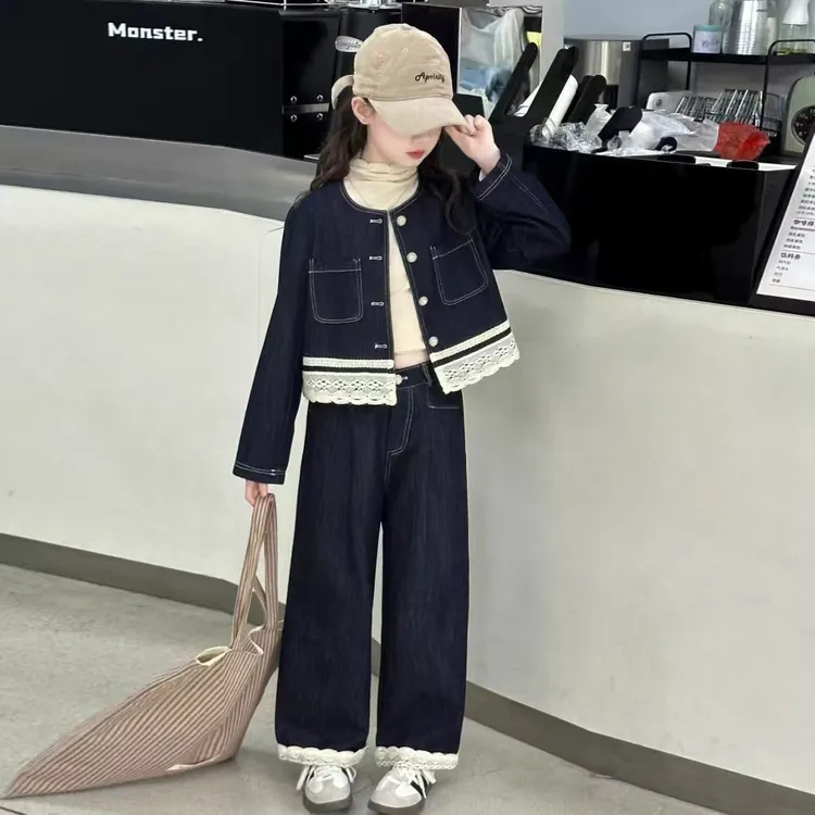 女童牛仔套装2025新款中大童花边秋装蕾丝拼接两件套洋气儿童外套