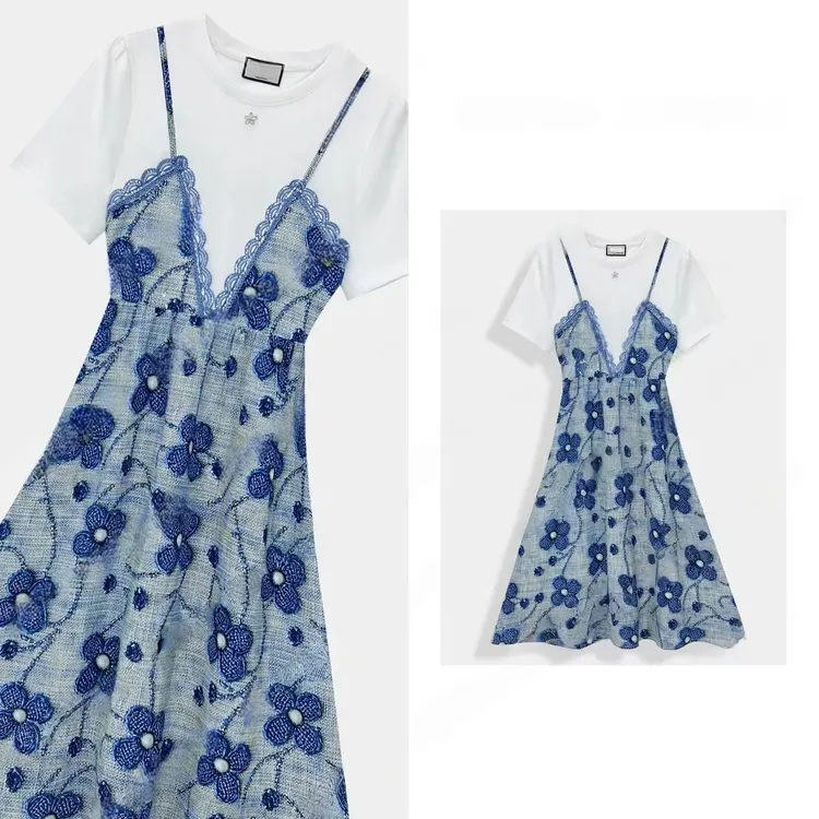 高级设计带钻夏日女装拼接重工假两件显瘦气质连衣裙