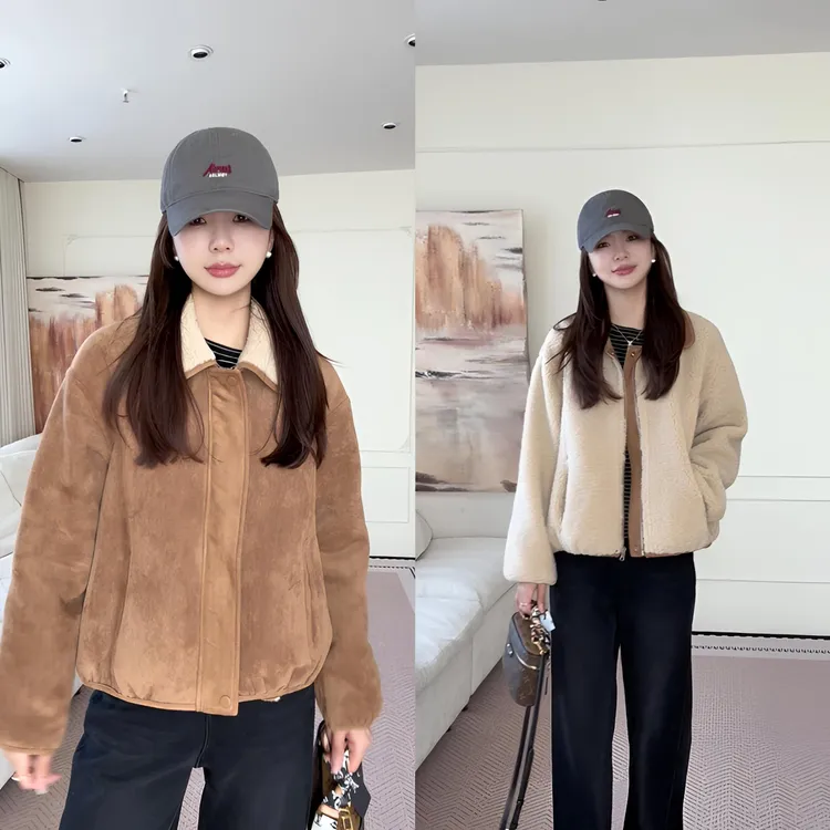 【余欢欢】冬季时尚百搭保暖正反两穿翻领皮毛一体外套-YHW51058