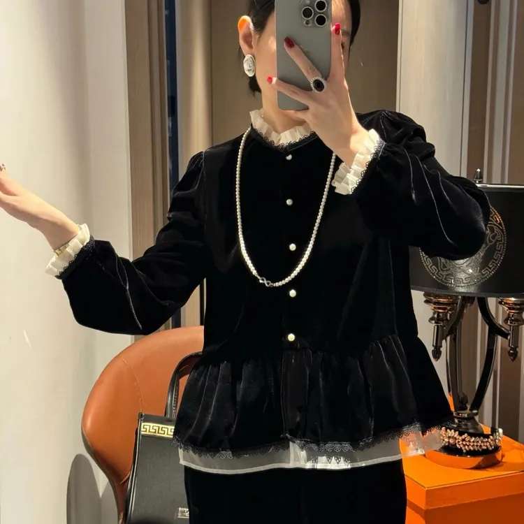 100桑蚕丝丝绒法式蕾丝拼接木耳边秋季长袖衬衣真丝丝绒上衣CX325