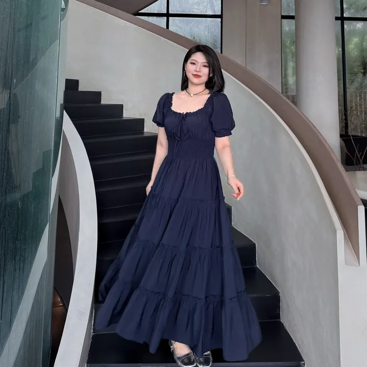 现货【蓝山咖啡】夏季复古气质温柔风打揽收腰显瘦连衣裙-S1273