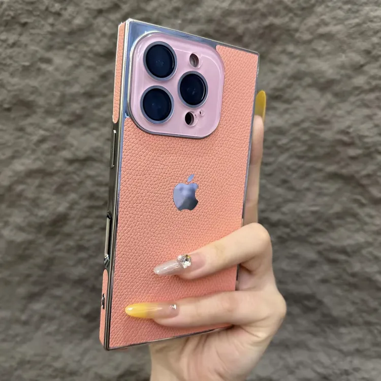 适用iphone17promax奢华方形荔枝皮纹手机壳ins风苹果16带镜头膜