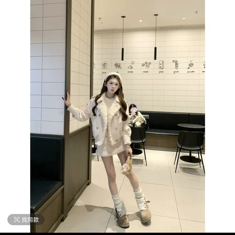 溪溪靓衫冬雾北海道粉杏色加厚毛外套秋冬同色系半裙套装