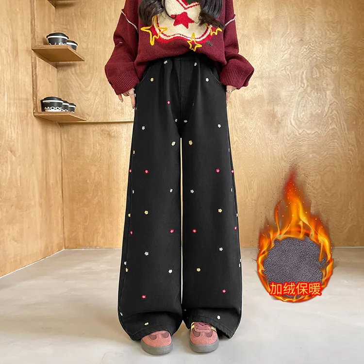 女童加绒牛仔裤2025冬季新款中大童绣花阔腿直筒百搭牛仔长裤