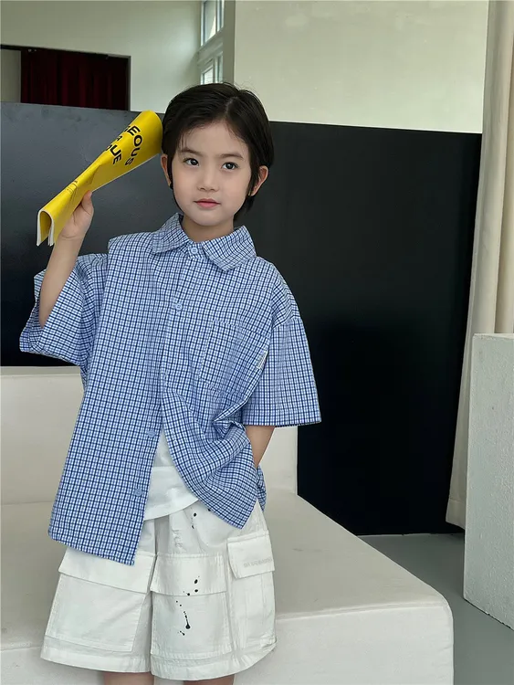 2025夏款童装儿童短袖格子衬衫简潮清爽蓝格男女童洋气短袖衬衣潮
