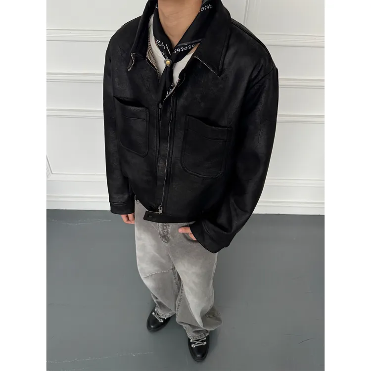 CZ2秋冬cleanfit千鸟格短款皮衣男女霜冻纹PU皮宽松休闲夹克外套