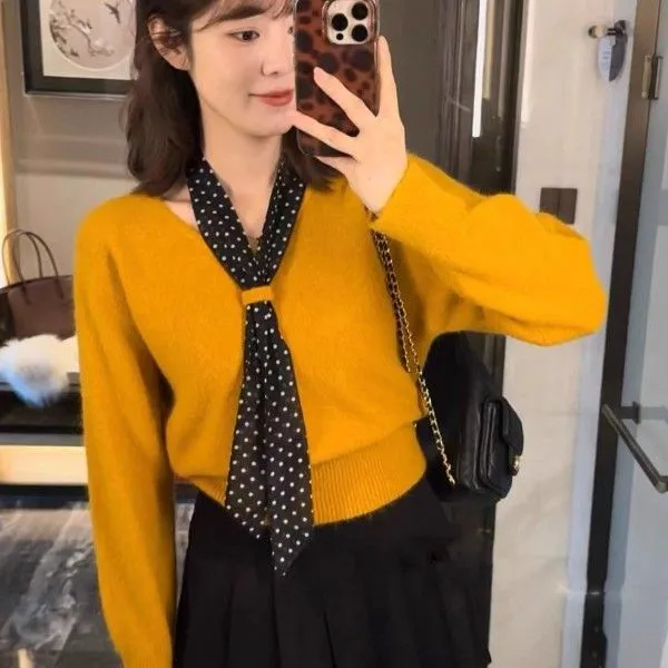 法式气质v领波点丝巾领带套头毛衣针织衫秋冬软糯百搭慵懒风上衣