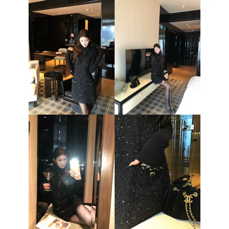 【禾呈】秋冬季洋气名媛时尚小香亮闪背带时尚气质连衣裙10823