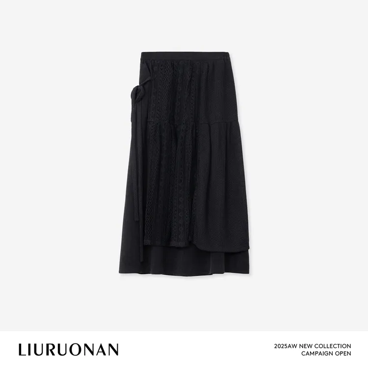 LIURUONAN 25WIN【黑色雕花裙】蕾丝拼接不规则高腰系带半身裙秋冬