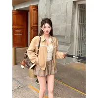 卡其色蕾丝拼接翻领夹克外套女2025秋季新款设计感百搭长袖短上衣