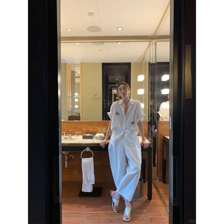 夏季慵懒风修身显瘦百搭印花薄款衬衫上衣休闲宽松百搭直筒长裤女