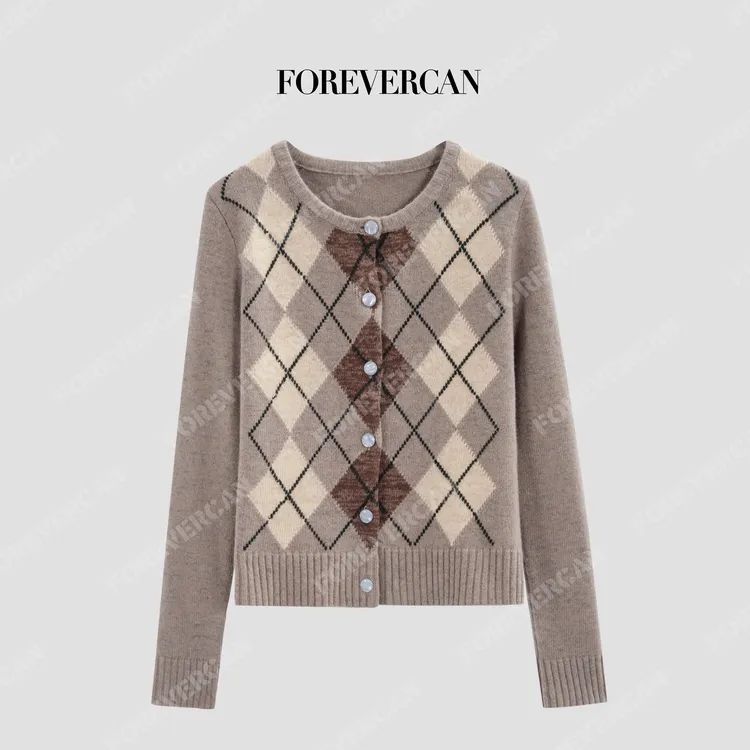 FOREVERCAN“帕尔敦”100美丽诺羊毛经典菱格毛衣开衫MY10042