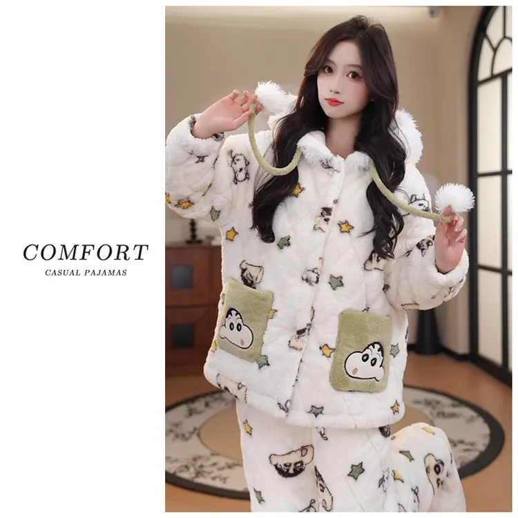 2025冬季新款三层夹棉保暖加绒加厚卡通可爱连帽女士家居服套装