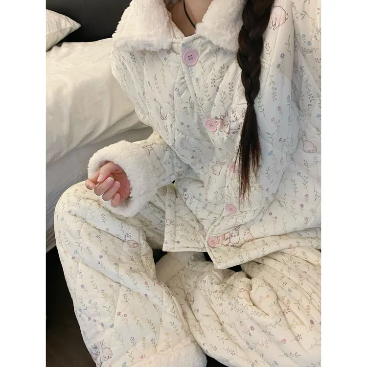 可爱甜美兔子碎花夹棉睡衣女冬加厚羊羔绒翻领外套保暖家居服套装