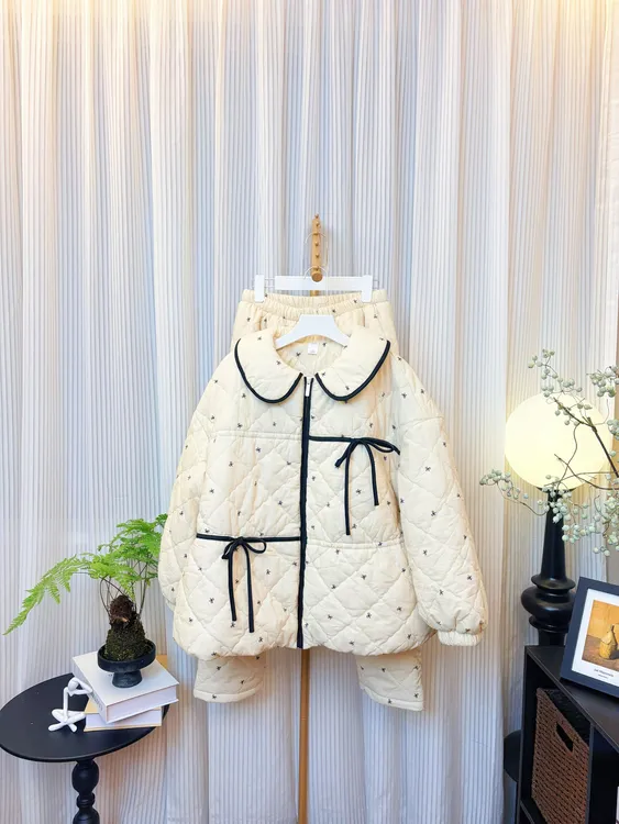 韩系娃娃领蝴蝶结印花夹棉睡衣女冬季菱格黑边舒适保暖家居服套装