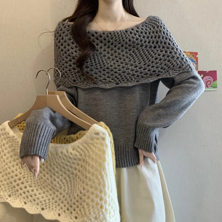 独特镂空一字肩长袖针织衫秋冬2025新款大码女装胖mm遮肚毛衣上衣