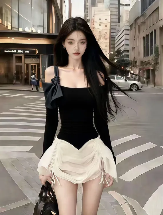 韩版辣妹早秋氛围感御姐穿搭黑色一字领露肩设计感吊带长袖连衣裙