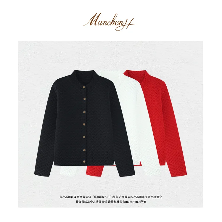 曼辰manchenh"理性浪漫"重磅菱形格针织全羊毛夹棉休闲外套