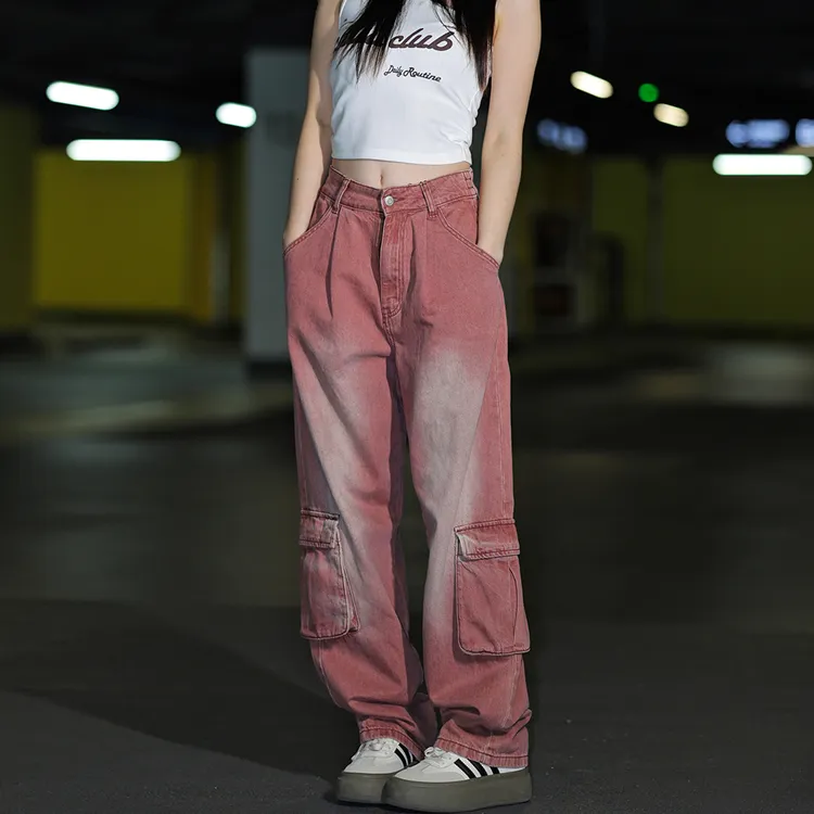 复古砖红美式工装裤女酷飒风直筒牛仔裤2025年新款春季宽松阔腿裤