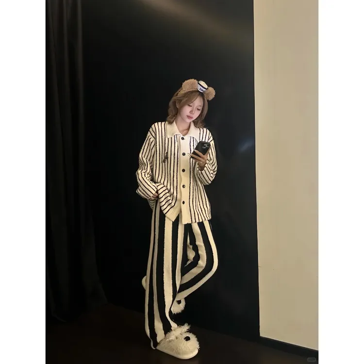 【DMXJ大梦想家】韩系温柔复古慵懒撞色条纹睡衣女秋百搭家居服套装