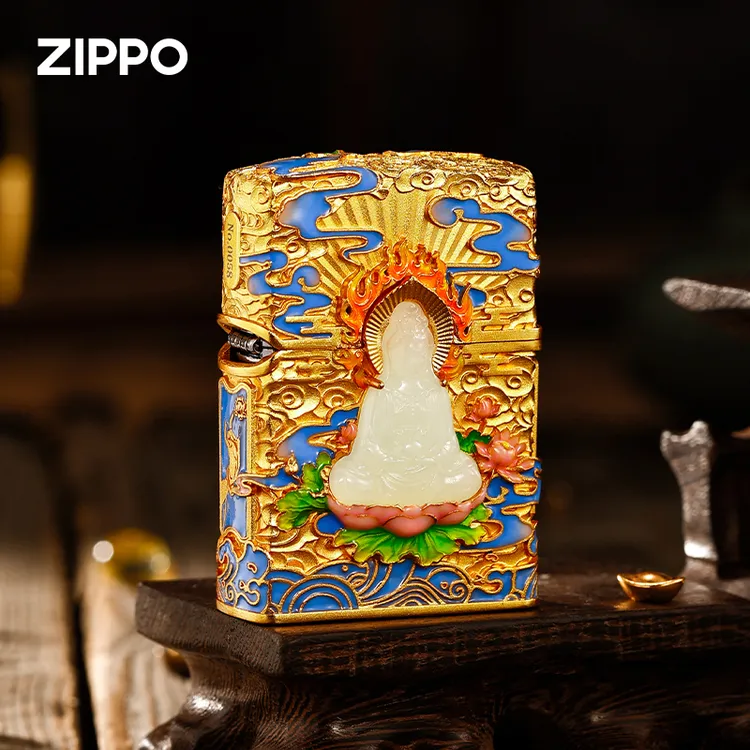 zippo打火机和田玉金镶玉观音官方正品煤油防风火机原装送礼DYX1