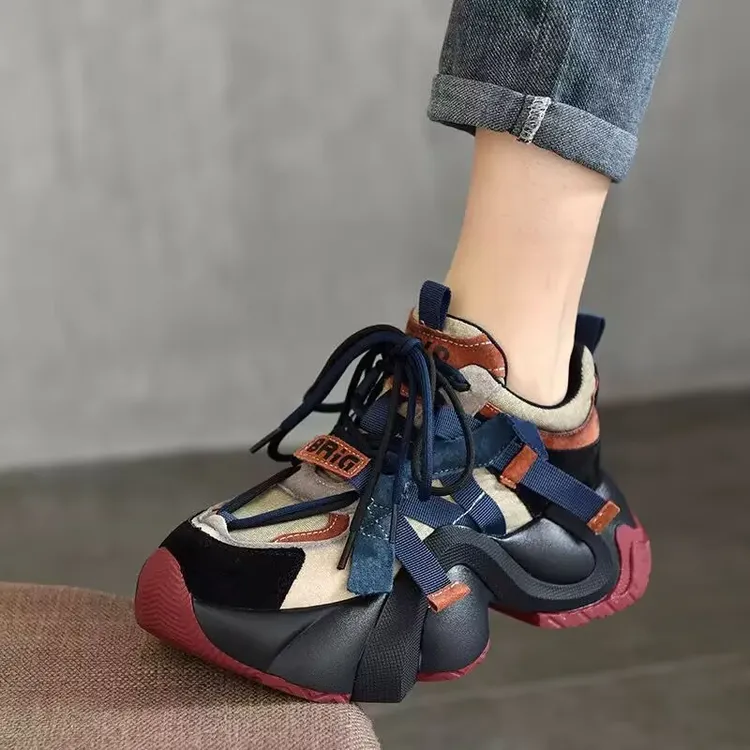 春松糕厚底老爹鞋女手工真皮休闲百搭国潮美拉德系带运动女鞋潮