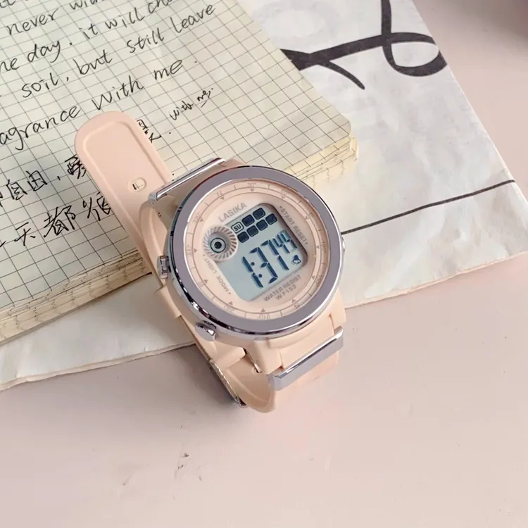 小圆盘小学生初中生礼物女款电子手表时尚夜光防水只看时间多功能