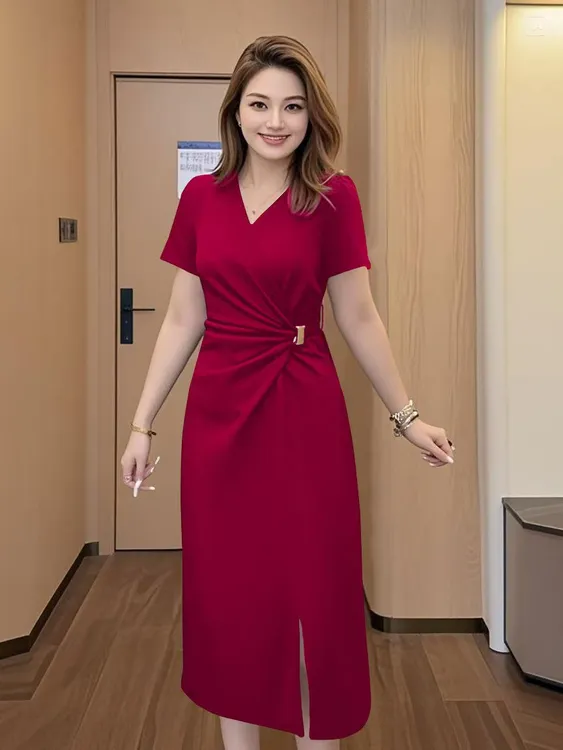 大码200女装法式气质黑色v领扭结掐腰连衣裙新款胖mm遮胯显瘦长裙