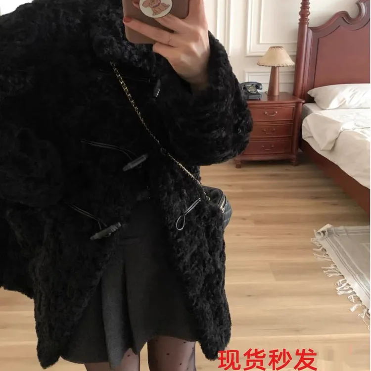【欣欣专属】人造皮草 富人区3.0羊羔毛外套女中长款翻领宽松百搭拼接牛角扣