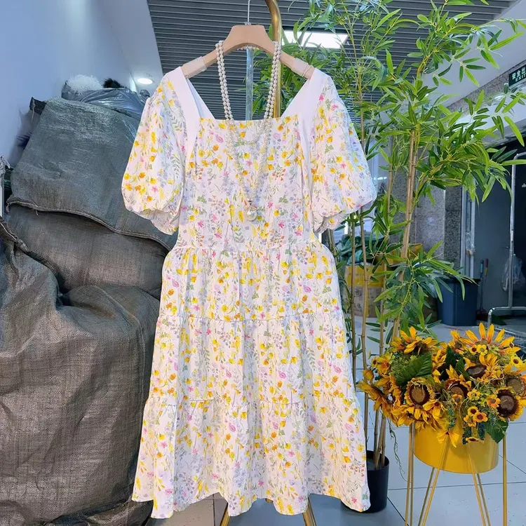 欧货时尚U领后背蝴蝶结碎花连衣裙大码微胖减龄洋气夏季上新2160