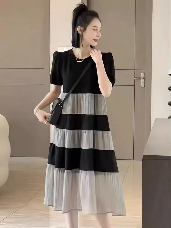 复古水墨印花宽松显瘦夏季女士长款连衣裙中长款休闲拼接黑色时尚