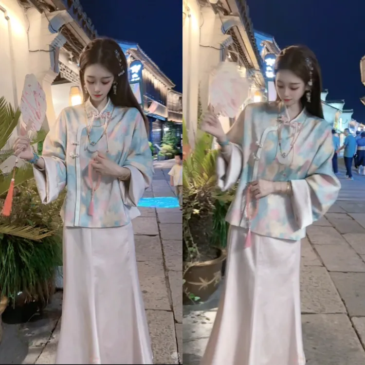 早秋清冷贵气感穿搭巨好看新中式国风醋酸缎面提花旗袍连衣裙套装