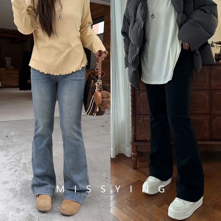 应小姐【沿海公路】微胖大码韩系休闲风显瘦加绒高腰直筒马蹄牛仔裤