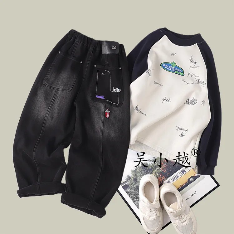 吴小越w1787男童加绒牛仔裤冬款刺绣痞帅男孩冬新款韩版长裤