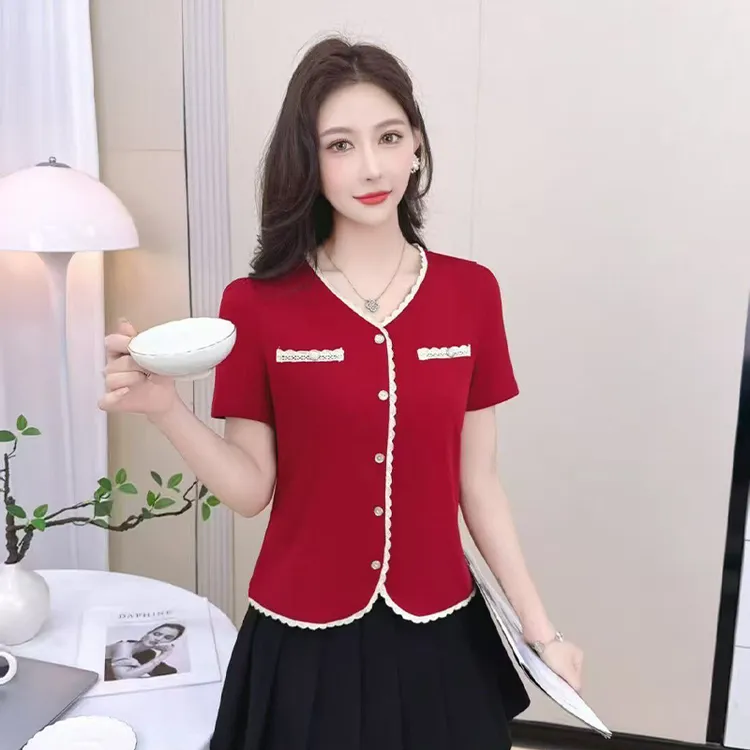 2025夏季新款时尚百搭显瘦设计感短袖T恤女洋气减龄优美气质上衣