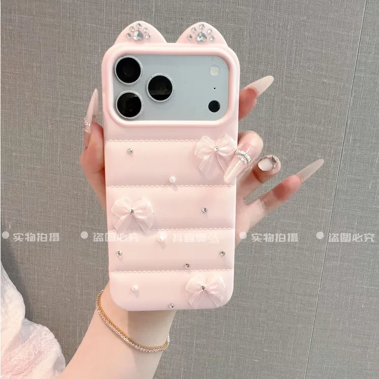 猫耳雪纱蝴蝶结适用于苹果iPhone18promax手机壳17侧边猫爪16闪钻商品图