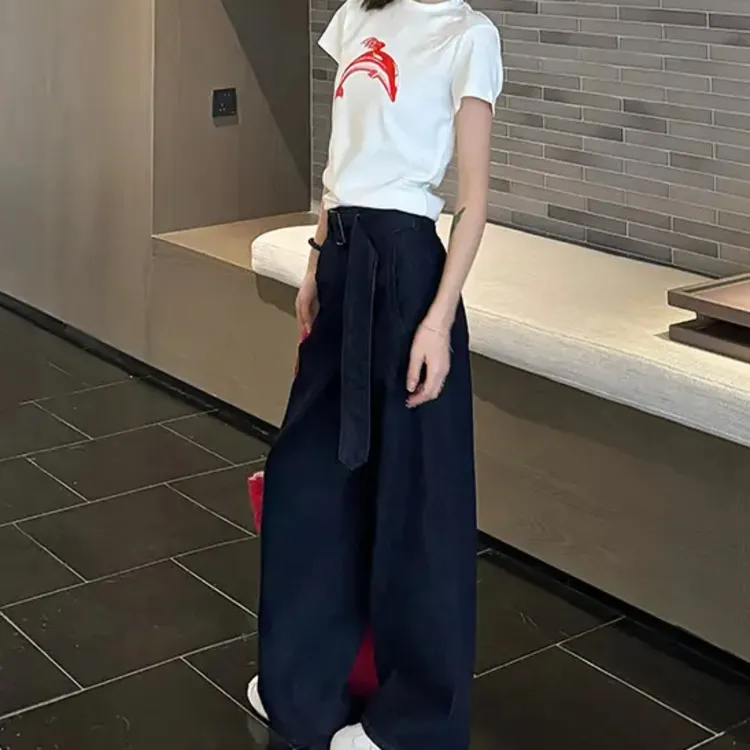 2025春季新款丹宁色阔腿裤女直筒阔腿牛仔裤百搭休闲女裤