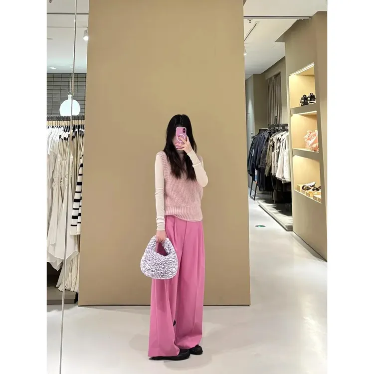 2025春季新品粉色针织背心半高打底衫时尚减龄粉色裤子三件套装