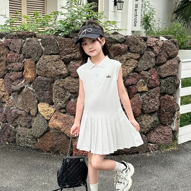 女童夏季背心连衣裙中长款童装女孩洋气polo裙子儿童百褶裙无袖潮