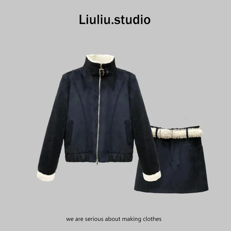 LiuLiu定制【雾蓝暖绒】设计师原创保暖工装外套+半身裙套装两件套