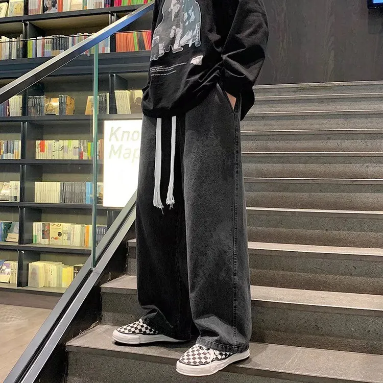 做旧坠感大编织带牛仔长裤男宽松ins潮牌百搭直筒阔腿老爹休闲裤