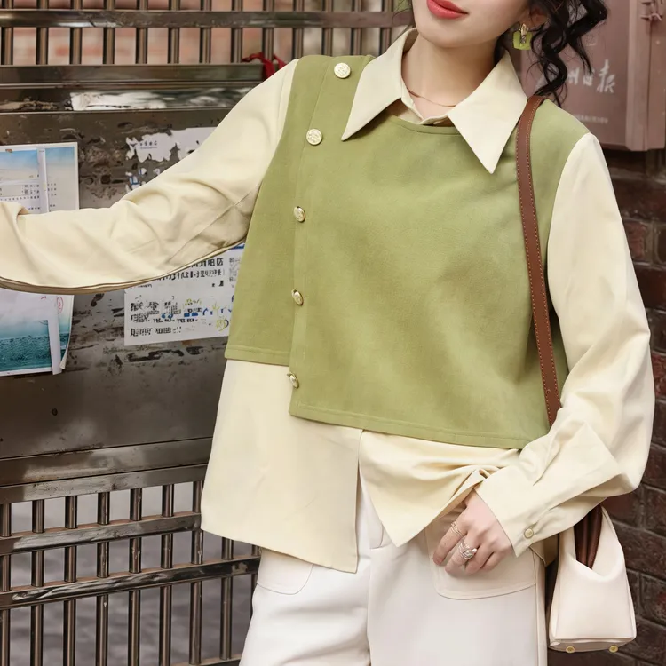 复古风马甲叠穿衬衫假两件温柔气质慵懒腔调上衣